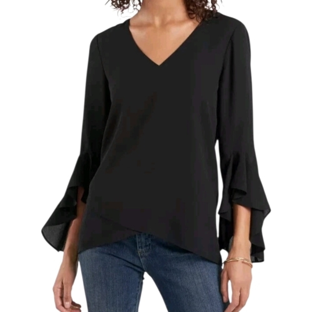 Vince Camuto Black V-Neck Blouse with Layered Ruffle Sleeves Size 1X NWT